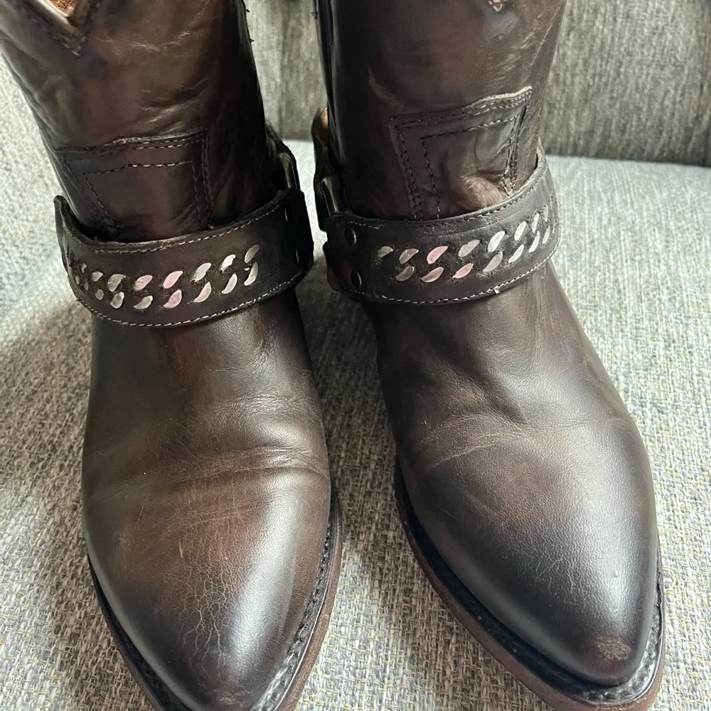 Frye Dark Brown Leather Ankle Boots with Strap Detail